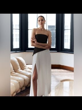 Commense Black Strapless Top with White Pleated Maxi Skirt